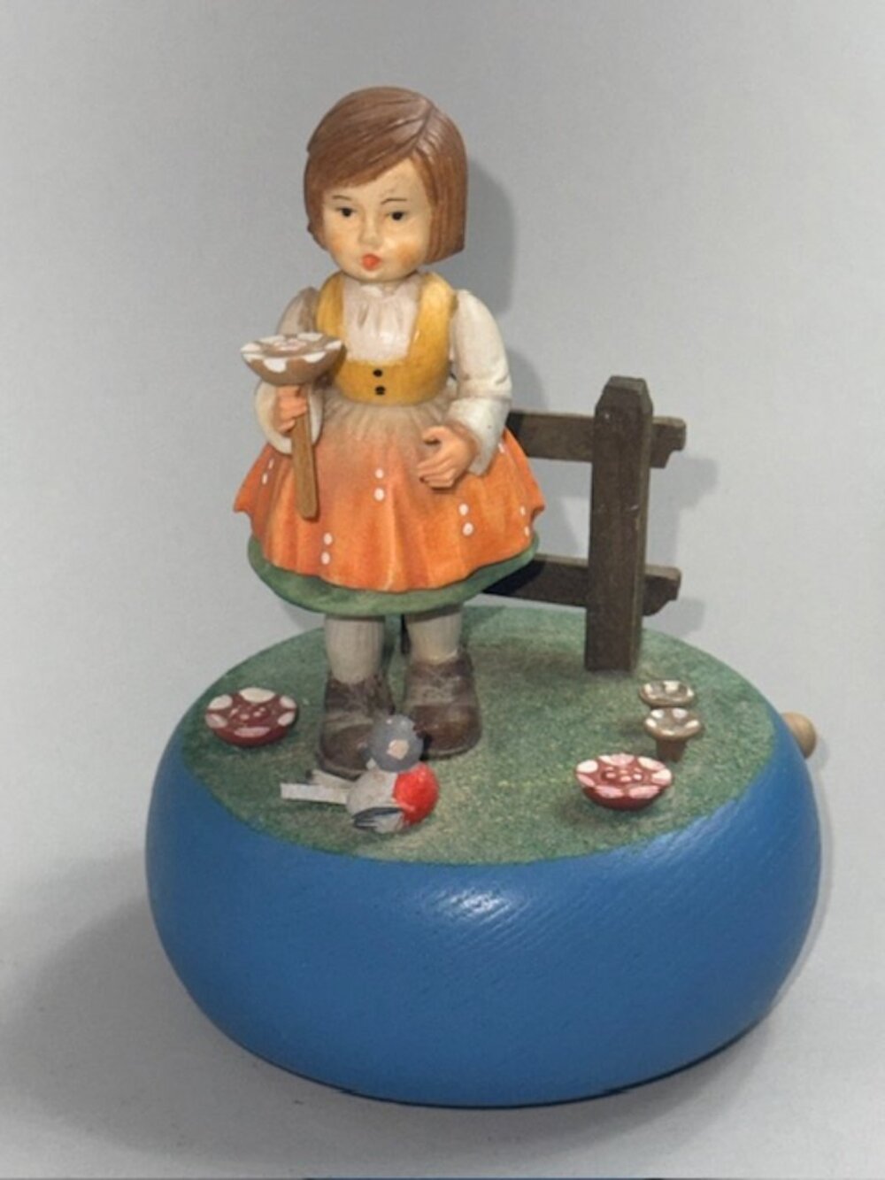 Anri Music Box Antique Vintage Carved Girl Flowers Moving Musical Italy Bird